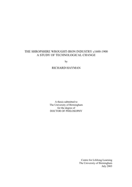 THE SHROPSHIRE WROUGHT IRON TRADE C1600-1900