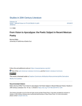 From Vision to Apocalypse: the Poetic Subject in Recent Mexican Poetry