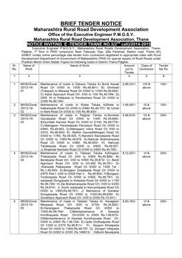 BRIEF TENDER NOTICE Maharashtra Rural Road Development Association Office of the Executive Engineer P.M.G.S.Y