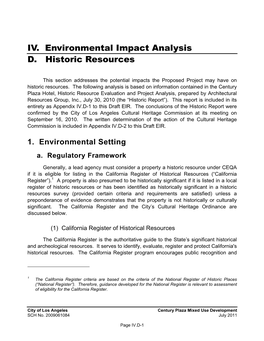 IV. Environmental Impact Analysis D. Historic Resources