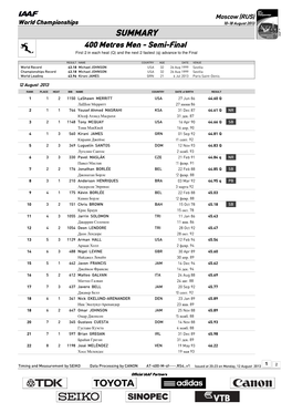 SUMMARY 400 Metres Men - Semi-Final First 2 in Each Heat (Q) and the Next 2 Fastest (Q) Advance to the Final