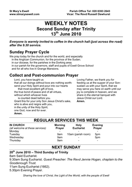 WEEKLY NOTES Second Sunday After Trinity 13Th June 2010