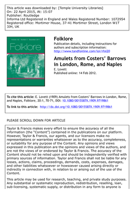 Folklore Amulets from Costers' Barrows in London, Rome, And