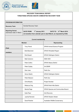 Recovery Team Annual Report Threatened Species And/Or Communities Recovery Team