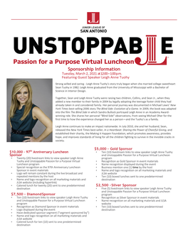 Passion for a Purpose Virtual Luncheon Sponsorship Information Tuesday, March 2, 2021 at 12:00 – 1:00 P.M