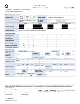 FTA WMATA Safety Oversight Inspection Reports May 2018