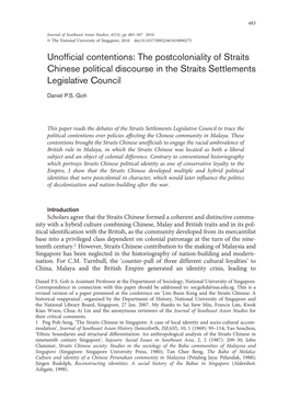 Unofficial Contentions: the Postcoloniality of Straits Chinese Political Discourse in the Straits Settlements Legislative Council