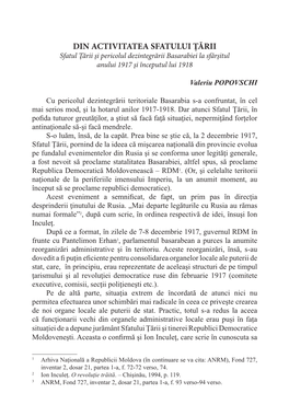 DIN ACTIVITATEA SFATULUI ŢĂRII Sfatul Ţării Şi Pericolul Dezintegrării Basarabiei La Sfârşitul Anului 1917 Şi Începutul Lui 1918