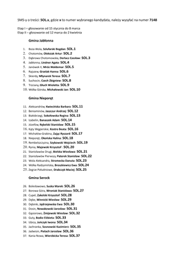 SOL.X, Gdzie X to Numer Wybranego Kandydata, Należy Wysyłać Na Numer 7148 Gmina Jabłonna Gmina Nieporęt Gm