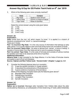 Answer Key & Exp for GS Prelim Test-6 Held on 6 Th Jan' 2019