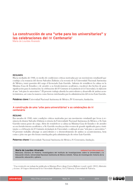 La Construcción De Una "Urbe Para Los Universitarios" Y Las Celebraciones Del Iv Centenario1 María De Lourdes Alvarado