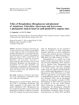 Boraginaceae) and Placement of Antiphytum, Echiochilon, Ogastemma and Sericostoma: a Phylogenetic Analysis Based on Atpb Plastid DNA Sequence Data
