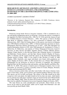 Research on Abundance and Population Dynamics of Dytiscus Latissimus Linnaeus, 1758 (Coleoptera, Dytiscidae) in the Labanoras Regional Park (Lithuania) in 2008–2009