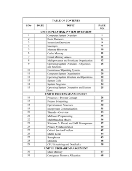 TABLE of CONTENTS S.No DATE TOPIC PAGE NO. UNIT I OPERATING SYSTEM OVERVIEW 1 Computer System Overview 1 2 Basic Elements 6 3 In