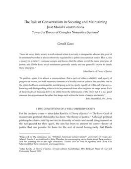 The Role of Conservatism in Securing and Maintaining Just Moral Constitutions Toward a Theory of Complex Normative Systems*