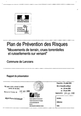 Plan De Pre' Vention Des Risques Wouvernents De Terrain, Crues Torrentielles Et Ruissellements Sur Versant