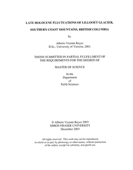 Late Holocene Fluctuations of Lillooet Glacier, Southern Coast Mountains, British Columbia