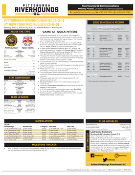 PITTSBURGH RIVERHOUNDS SC (7-3-1) 2020 SCHEDULE & RECORD at NEW YORK RED BULLS II (3-6-0) Saturday, Sept