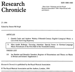 Research Chronicle Is Published by the Royal Musical Association