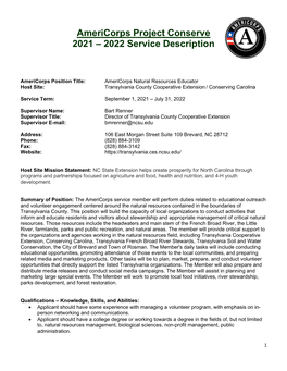 Americorps Project Conserve 2021 – 2022 Service Description
