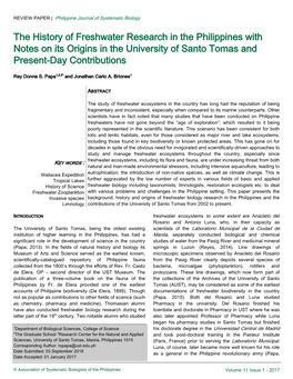 The History of Freshwater Research in the Philippines with Notes on Its Origins in the University of Santo Tomas and Present-Day Contributions