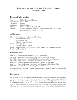 Curriculum Vitae for Michael Reichhardt Hansen January 13, 2009