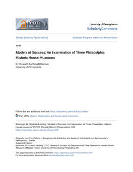 An Examination of Three Philadelphia Historic House Museums