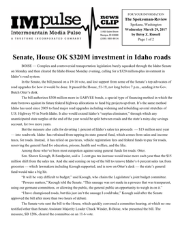 Senate, House OK $320M Investment in Idaho Roads