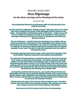 Peru Pilgrimage for the Divine Marriage of the Himalayas & the Andes 10-22 Dec 2012