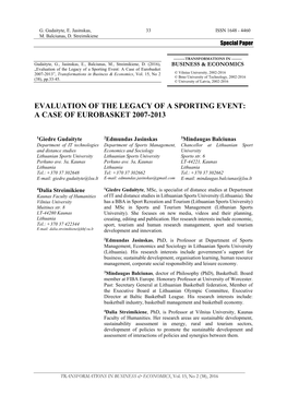 Evaluation of the Legacy of a Sporting Event: a Case of Eurobasket 2007-2013”, Transformations in Business & Economics, Vol