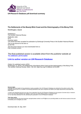 The Final Published Version Is Available Direct from the Publisher Website At: 10.3366/Shr.2016.0293 Link to Author Version on UHI Research Database