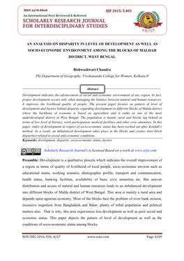 An Analysis on Disparity in Level of Development As Well As Socio-Economic Environment Among the Blocks of Maldah District, West Bengal