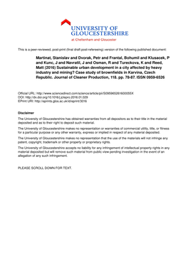 Sustainable Urban Development in a City Affected by Heavy Industry and Mining? Case Study of Brownfields in Karvina, Czech Republic