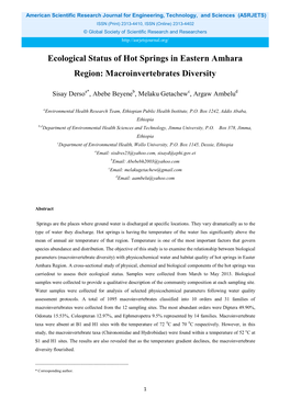 Ecological Status of Hot Springs in Eastern Amhara Region: Macroinvertebrates Diversity