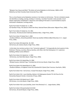 “Between Your House and Mine” the Letters of Lorine Niedecker to Cid Corman, 1960 to 1970 Edited by Lisa Pater Faranda; Duke University Press, 1986