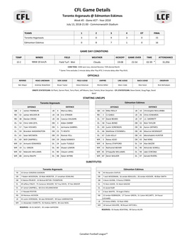 CFL Game Details Toronto Argonauts @ Edmonton Eskimos Week #5 - Game #27 - Year 2018 July 13, 2018-21:00 - Commonwealth Stadium