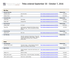 Titles Ordered September 30 - October 7, 2016