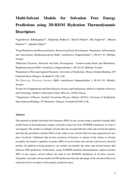 Multi-Solvent Models for Solvation Free Energy Predictions Using 3D-RISM Hydration Thermodynamic Descriptors