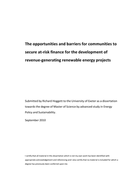 The Opportunities and Barriers for Communities to Secure At-Risk Finance for the Development of Revenue-Generating Renewable Energy Projects