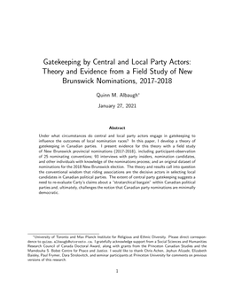 Gatekeeping by Central and Local Party Actors: Theory and Evidence from a Field Study of New Brunswick Nominations, 2017-2018