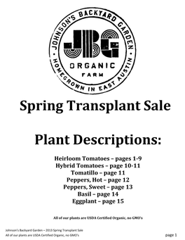 Spring Transplant Sale Plant Descriptions