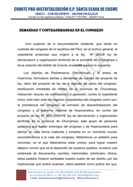 COMITÉ PRO-DISTRITALIZACIÓN C.P. SANTA CLARA DE COSME  Inscrito En Los Registros Públicos