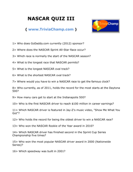 Nascar Quiz Iii