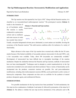 The Ugi Multicomponent Reaction: Stereocontrol, Modifications and Applications