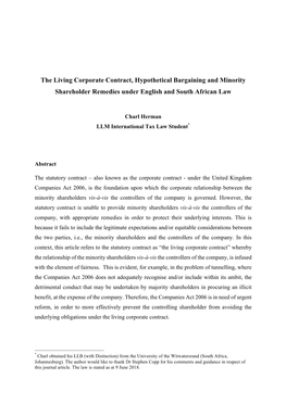 The Living Corporate Contract, Hypothetical Bargaining and Minority Shareholder Remedies Under English and South African Law