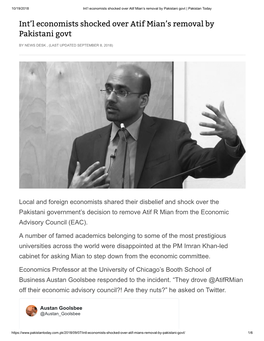 Int L Economists Shocked Over Atif Mian S Removal by Pakistani Govt