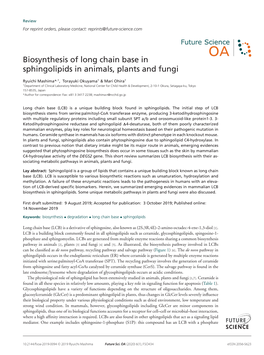 Biosynthesis of Long Chain Base in Sphingolipids in Animals, Plants and Fungi