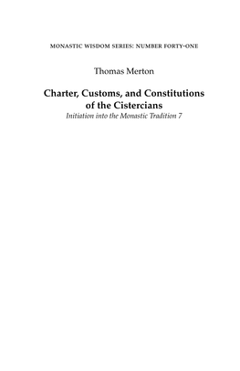 Charter, Customs, and Constitutions of the Cistercians