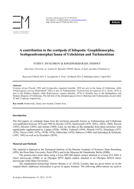 Chilopoda: Geophilomorpha, Scolopendromorpha) Fauna of Uzbekistan and Turkmenistan
