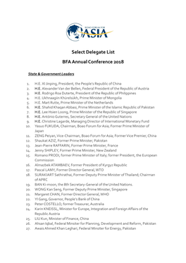Select Delegate List BFA Annual Conference 2018